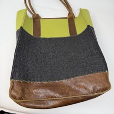 GRAF LANTZ USA MADE GRAY/GREE LEATHER+WOOL FELT SHOULDER TOTE BAG FLAW