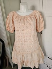 GUESS Peach Eyelet Mini Dress Medium Off The Shoulder Puff Sleeve Ruffle Sun