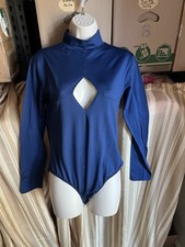Womens High Neck Long Sleeve Diamond Cut Out Nave Blue Bodysuit. Medium