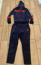 FILA Heritage Velour Tracksuit Set Navy Hoodie Plus Pants Set - Small