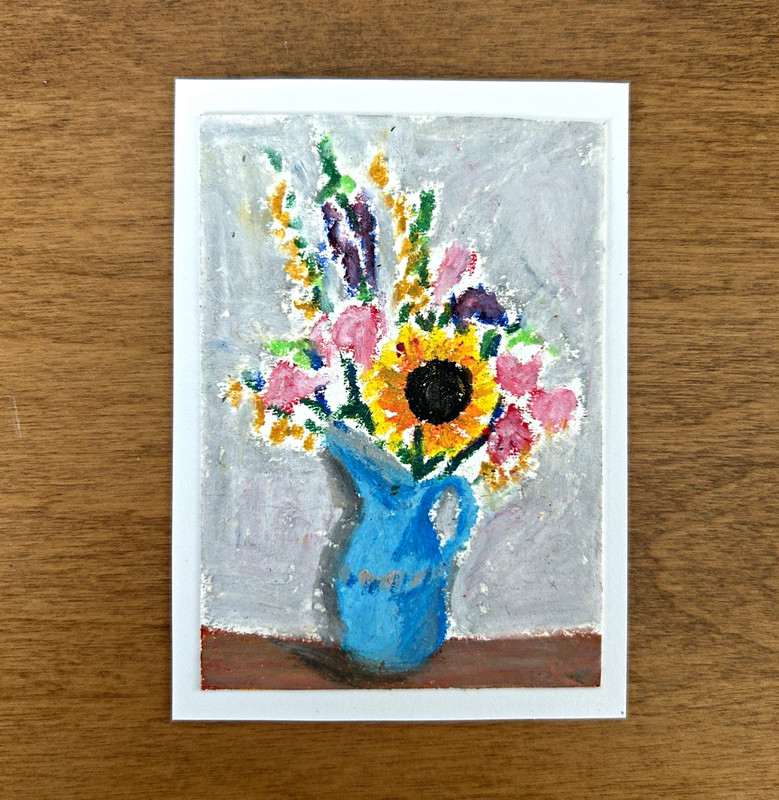 Miniature Floral Still Life Painting Flowers in Blue Pitcher Unframed
