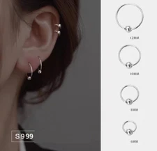 S999 STERLING SILVER PLAIN 1.2MM THICK ROUND ENDLESS BALL HOOP 6-12MM 2Pcs PE16
