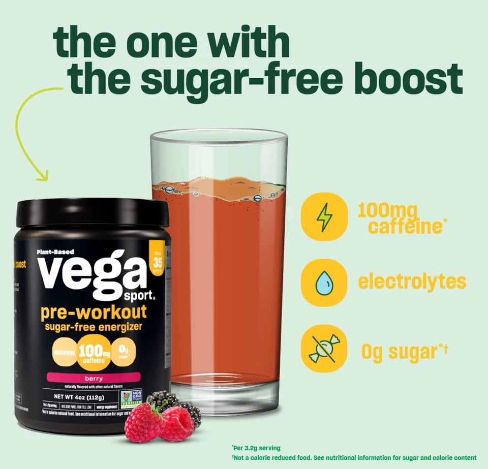 Vega Plant Based Vega Sport Pre-Entrenamiento Sin Azúcar Energizante Berry 4 OZ Fresco Foto 4 de 4