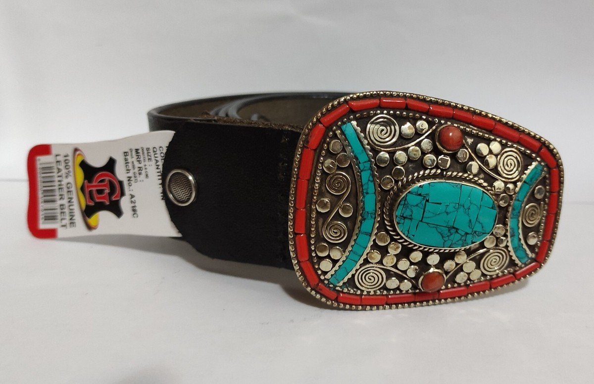 Turquoise and Coral Leather Belt Vintage 70 main image 2