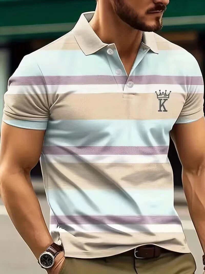 Polo T-Shirt Men Button Up Collar  Color Block Striped Short Sleeve Shirt Yellow - Picture 1 of 3