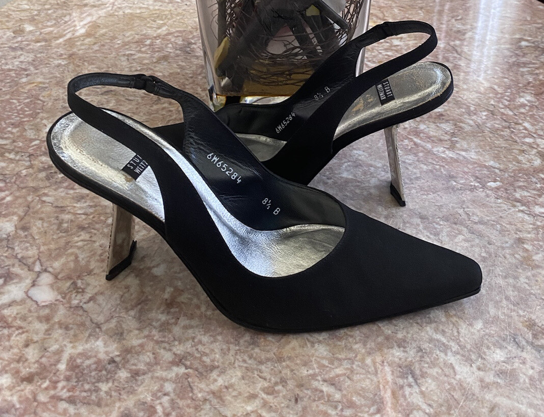 STUART WEITZMAN Black Satin Slingback Rhinestone Heel Pump Size