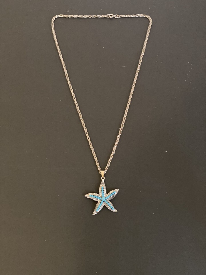 Vintage Starfish Pendant with Faux Turquoise Beads on 24" Silvertone