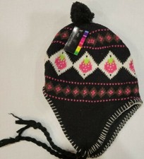 Women's Pom Pom Trapper Knit Winter Hat with String, NEW BLACK - Red Berries 