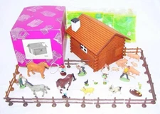 Hausser Elastolin 1:32 FARM HOUSE + Britains WILD WEST FARMERS & ANIMALS MIB`75!