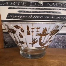 22k Gold Frosted Lobster Fishing Themed Salad Chip Punch Bowl MCM Vintage RARE