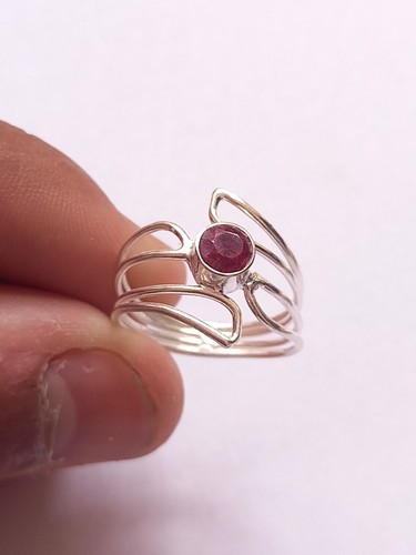 Handmade Wire Warp Bezel Ring or 925 Silver Plated with Natural Ruby Size 5.5 US