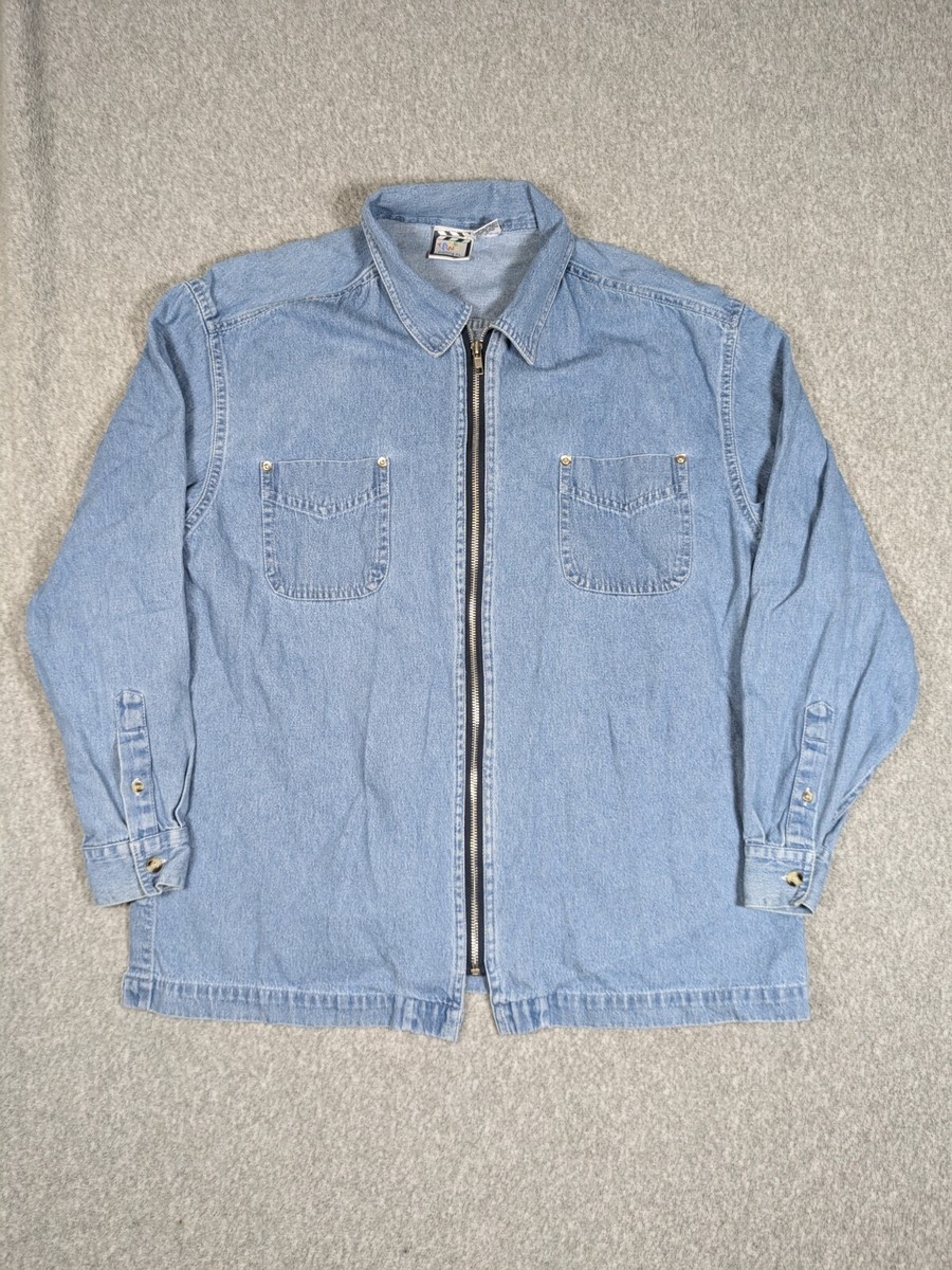 Vintage Shirt Women L Blue Denim Zip Y2k 90s 80s Take Two