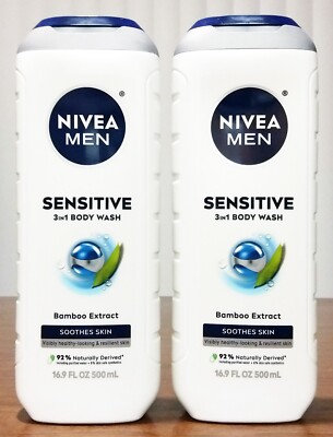 Lot of 2 NIVEA Men Sensitive 3-in-1 Body Wash with Bomboo Extract, 16.9 fl oz