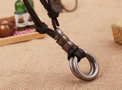 Mens Handmade Genuine Leather 2 Circles Pendant Brown Surfer Necklace - Picture 3 of 6