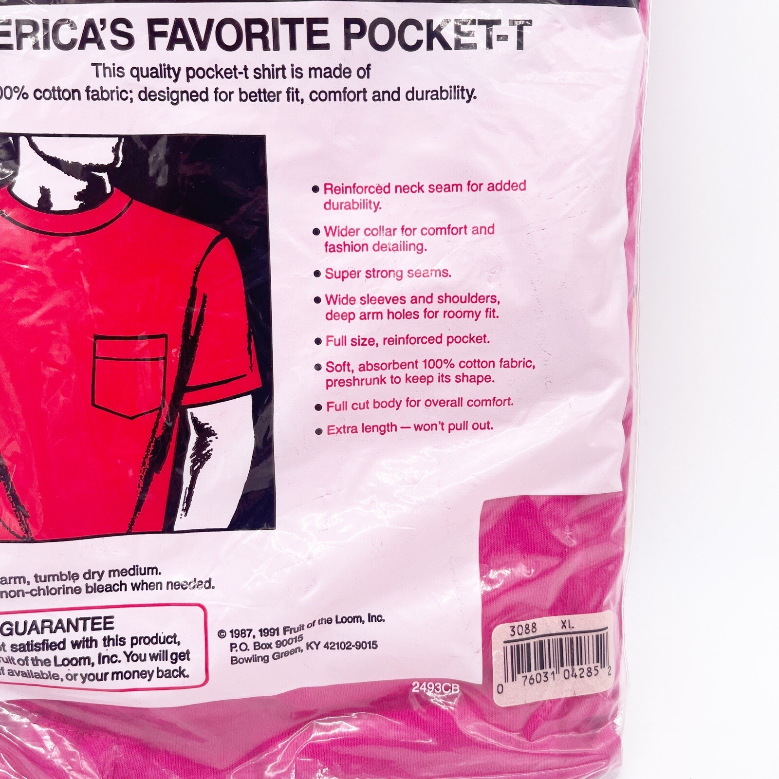 Fruit Of The Loom Pink Pocket T Shirt Vintage 1991 Made USA Size XL New