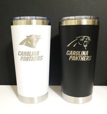 TWO ELEGANT, CAROLINA PANTHERS, STAINLESS STEEL, TUMBLERS WITH CERAMIC COATING
