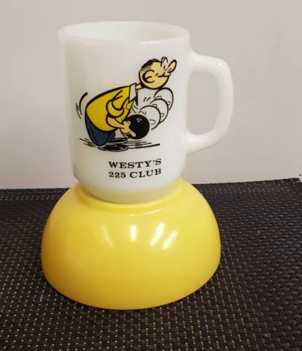 RARE FIRE KING ANCHOR HOCKING WESTYS BOWLING MILK GLASS MUG & CHILI BOWL 