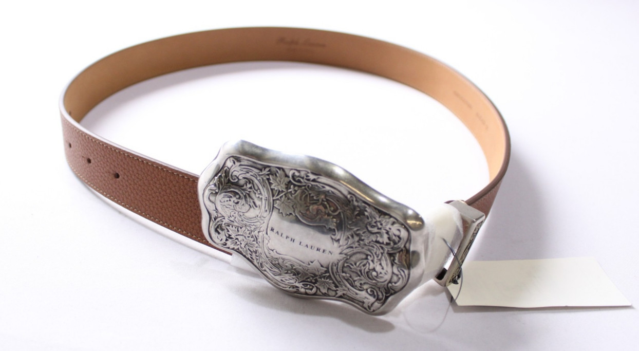 Ralph Lauren Women's Tooled-Buckle Calfskin Pebbled Belt RL Brown Small NWT