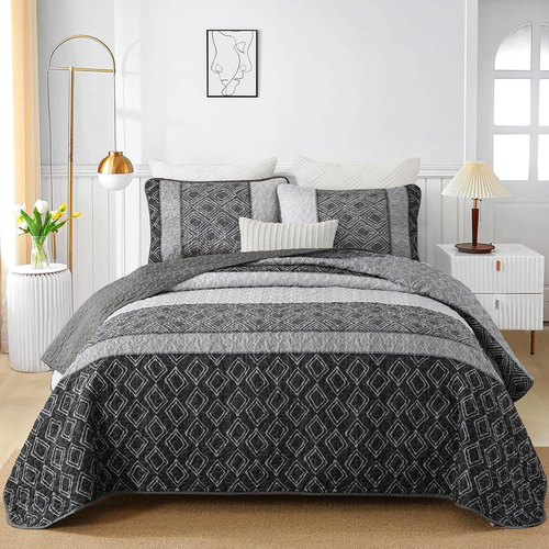 Cottolester Boho Quilt Set King Size 3 Pieces,Grey Striped Plaid Bedspread,Soft - Picture 2 of 6