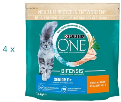PURINA ONE Senior 11+ Reich an Huhn - 4 x 1,4 kg (  7,02/kg) für Seniorkatzen