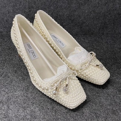 JIMMY CHOO Elme Leather Ballerina Flats Women's Size US 6 White