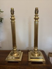 Pair Vintage Brass Column Table Lamps 50cm Heavy Regency Style