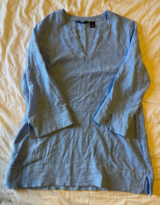 Lands' End Blue V-Neck Tunic Top Size S Solid Collarless 3/4 Sleeve