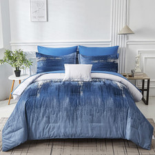 Ombre Blue Comforter Set Queen Size Reversible Gradient Blue Grey Boho Bedding S