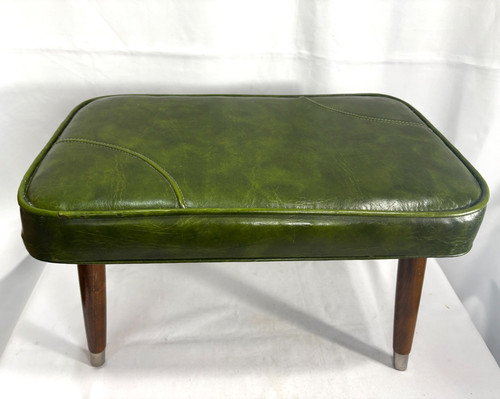 Vintage Mid-Century Modern Ottoman Green Vinyl Footstool Tapered Wood Legs MCM