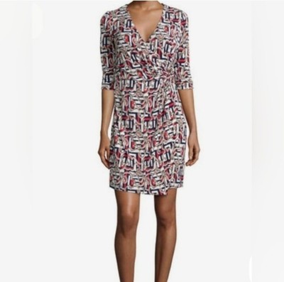 Laundry by Shelli Segal Women's Print Twist Front Knit Midi Dress Red Blue Sz XS