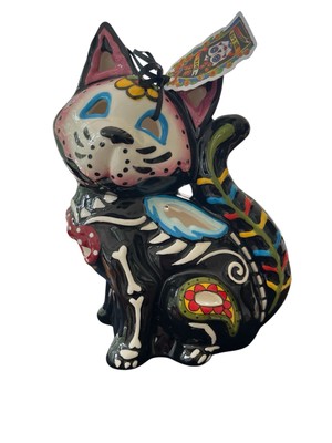Halloween Blue Sky Clayworks Day Of The Dead Cat Tea Light Holder New