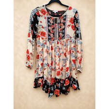 Patrons of Peace Floral Boho Babydoll Tunic Dress Size Small 100% Rayon