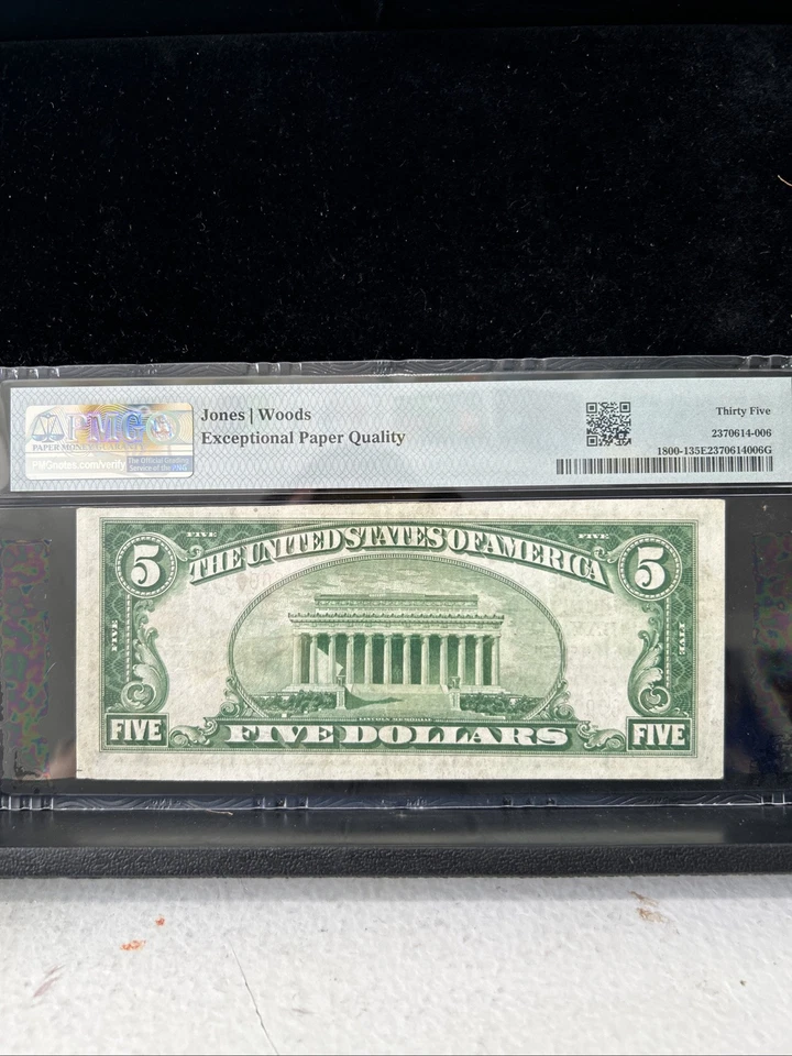 SASA 1929 First National Bank Bay City Michigan $5 Pmg Vf35epq Low Serial Num - Image 2 of 2