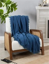 Fennco Styles Waffle Weave Blue Sift Lightweight Throw Blanket Fringe 50x60 NWT