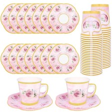 100 Pcs Paper Tea Cups and Plates Pink Floral Disposable Paper Teacups and Sa...