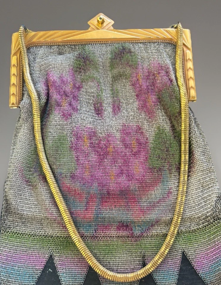 Винтажный 1920 Whiting & Davis зеленый фиолетовый синий цветочный сетки Flapper сумочки/золотой акцент - Изображение 3 из 4