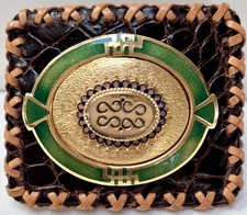 Vintage Western Belt Buckle Green Enamel Faux Croc Leather
