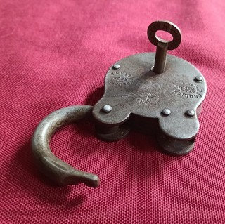 Antique Vintage Cast Metal BELFRY Padlock Original Skeleton Key Working Old WW1