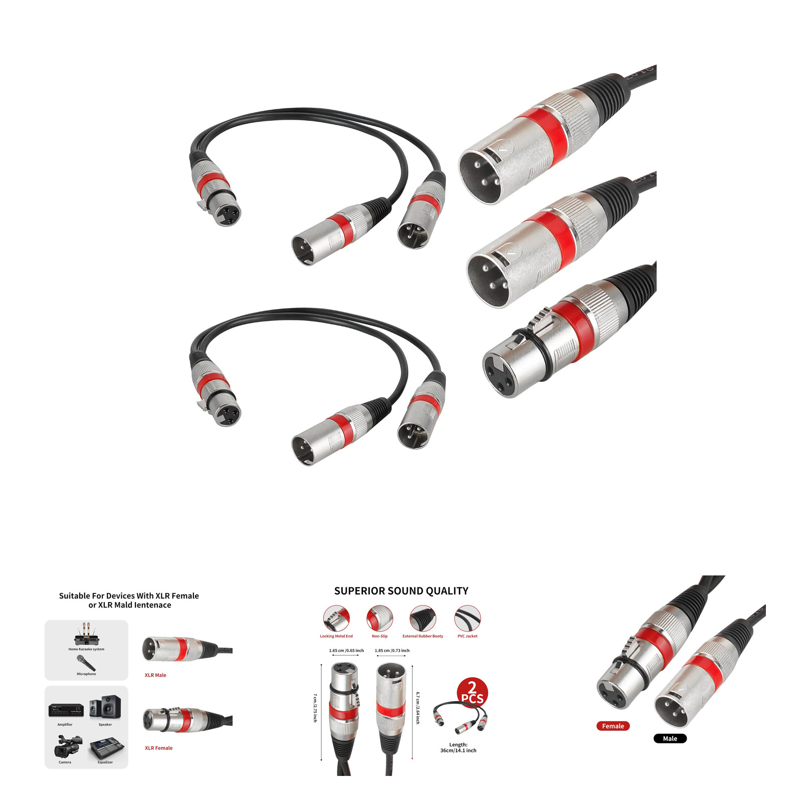 2 Pack XLR Splitter Cable 2 Male to 1 Female Audio Adapter 1 Feet Durable Heavy