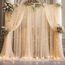 20x8ft Champagne Tulle Backdrop Curtain W/ Lights String for Parites Sheer Photo