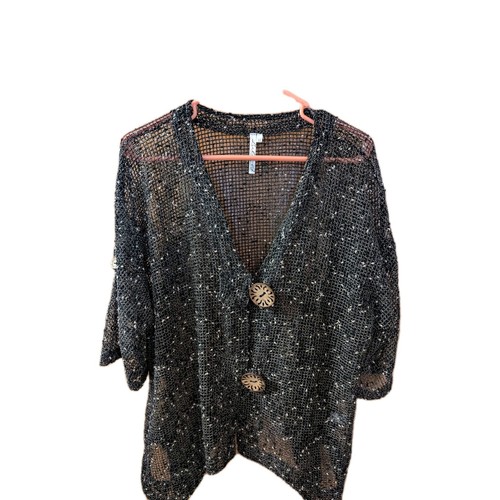 LULU B Women’s XL Open Weave Lagenlook Peasant Cardigan Black Wooden Buttons
