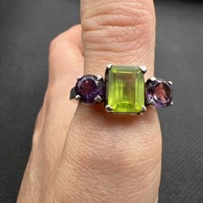 Vintage Amythest And Peridot Sterling silver 925 Thre Stone Ring Emerald Cut
