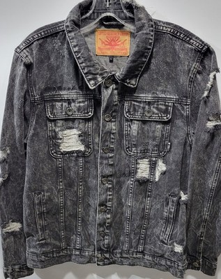 Lifted Research Group LRG Acid Wash Denim Jacket Distressed Black Jean Size L