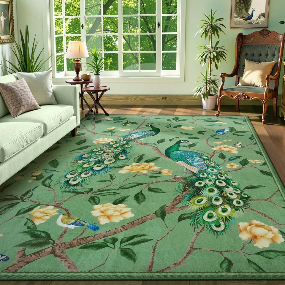 Caprichosas alfombras de pavo real 8x10, alfombra de área con estampado de animales para sala de estar botánico... Foto 2 de 4