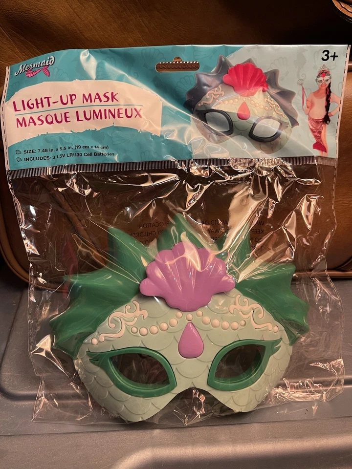 Mermaid Green Light Up Mask Halloween Costume Or Play Dress Up Girls Plastic 7” - Image 2 of 4