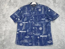 Chaps Shirt Mens Medium Blue Nautical Boats Button Up Moisture Wicking Summer