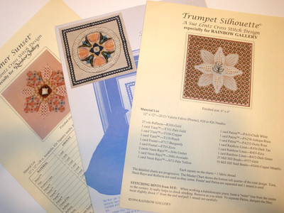 3 SUE LENTZ CROSS STITCH PATTERN Summer Sunset Confetti Trumpet Silhouette LOT