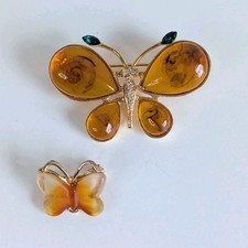 Vintage Butterfly Brooch Pin Set 2 Amber Glass Aura Bead Faux Honey Gold Jewelry