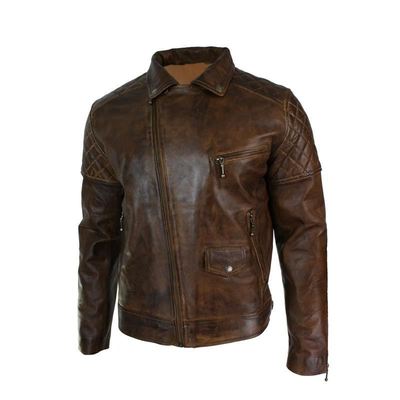 Mens Biker Vintage Washed Tan Brown Real Leather Jacket Cross Zip