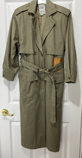 Vtg 80s Together Leather Trim Trench Missy 8 Khaki Green Military Cargo Duster